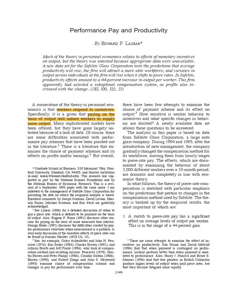 LECTURE 4 PART 2 :lazear (2000) PDF, PDF, Piece Work
