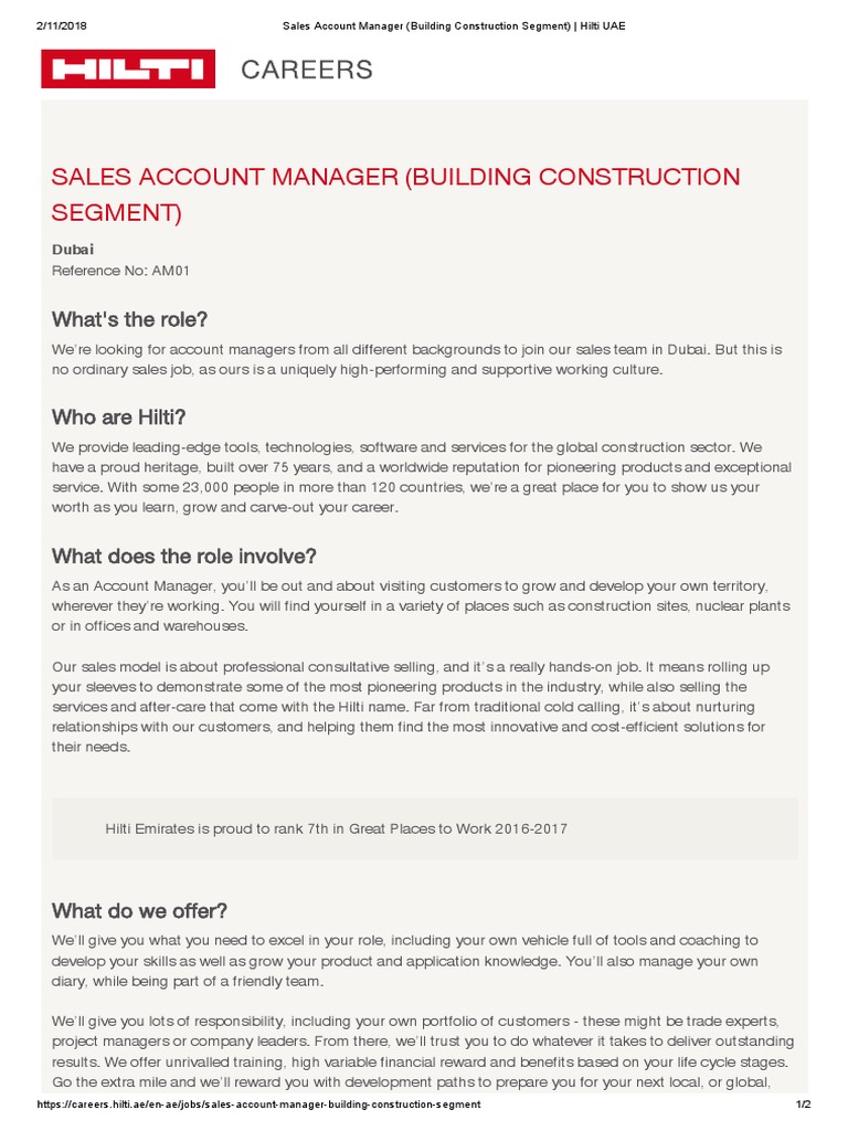 Sales Account Manager Building Construction Segment Hilti Uae Pdf United Arab Emirates Sales