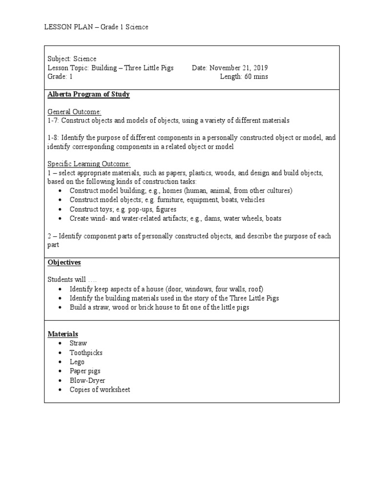 Three Little Pigs | PDF | Building Materials | Lesson Plan