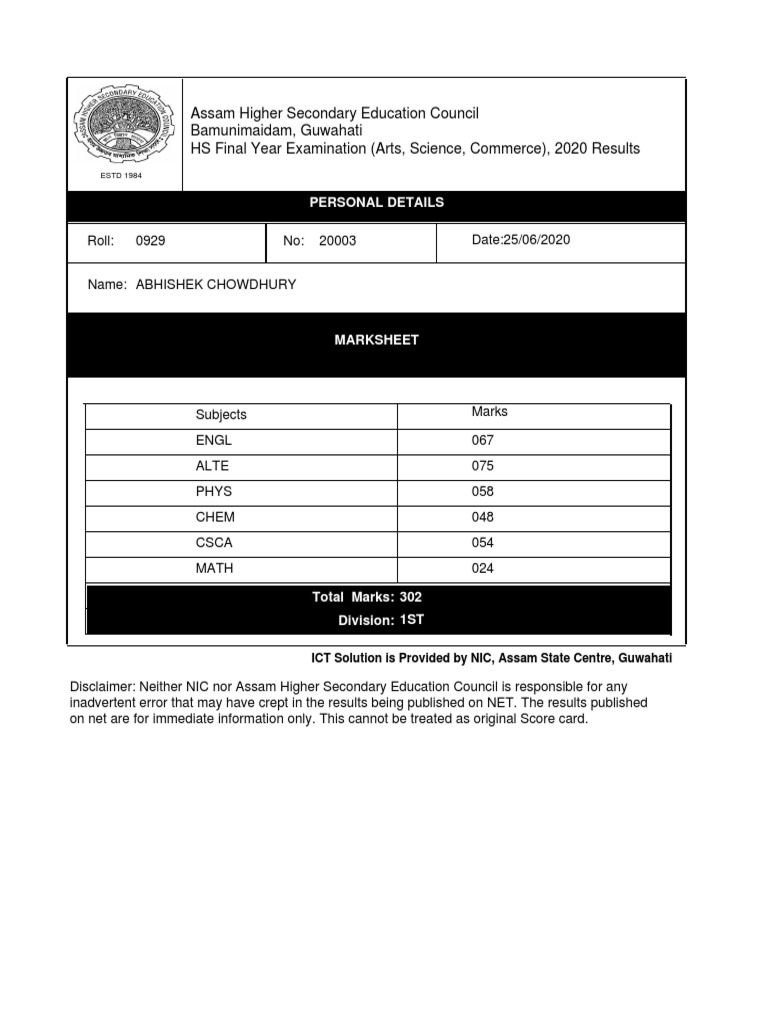 HS Exam Results 2020 Marksheet | PDF