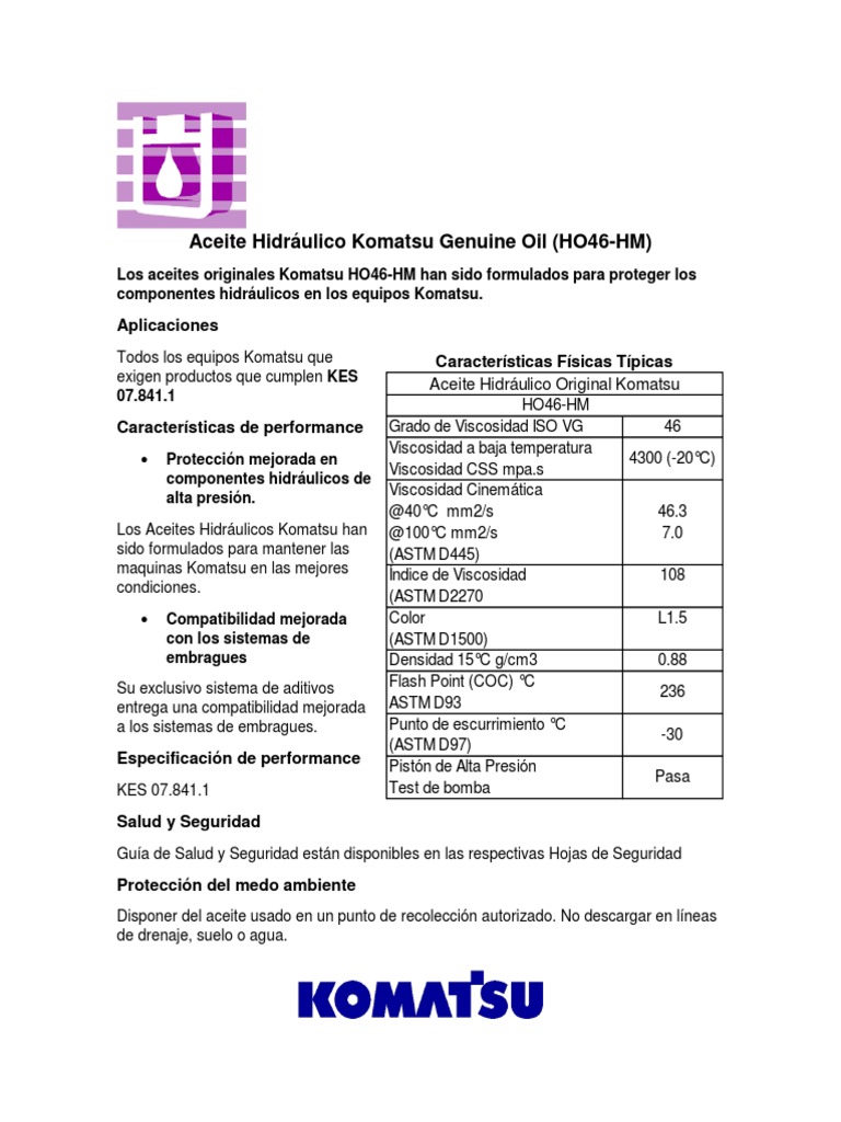 Aceite Hidráulico Komatsu Genuine Oil (HO46HM) PDF