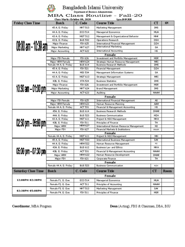 Bangladesh Islami University Class Schedule Fall 2020 MBA and Graduate