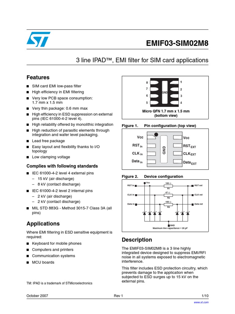 EMIF03-SIM02M8: 3 Line IPAD™, EMI Filter For SIM Card Applications ...