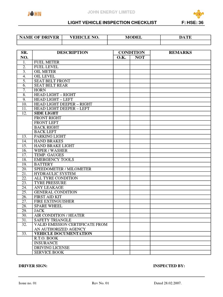 Light Vehicle Inspection Checklist | PDF