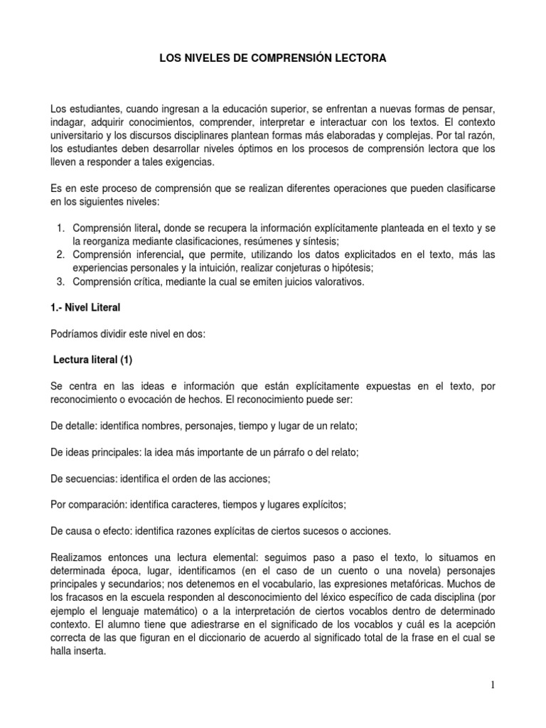 Niveles de Comprensión Lectora | PDF | Comprensión lectora | Cognición