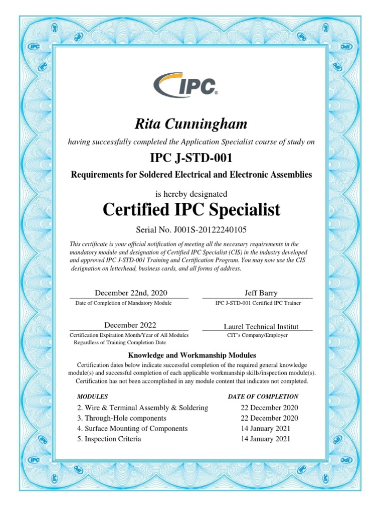 Certificate of Completion j std 001 Cis Certification Custom PDF