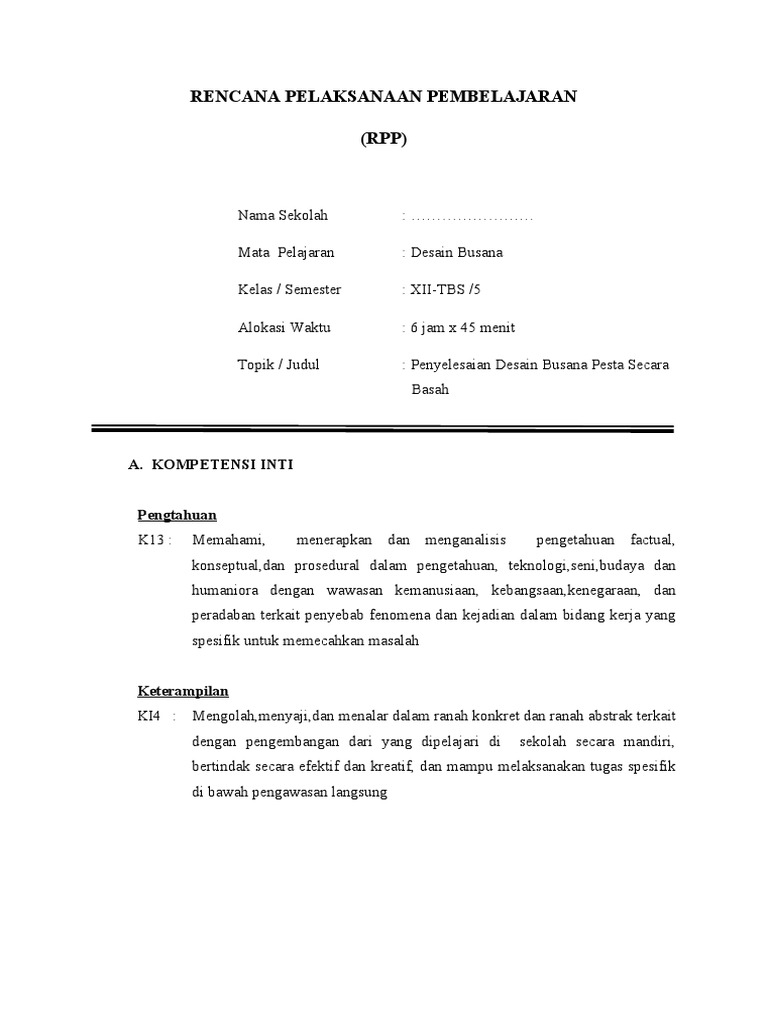 RPP Penyelesaian Desain Busana Pesta Secara Basah | PDF