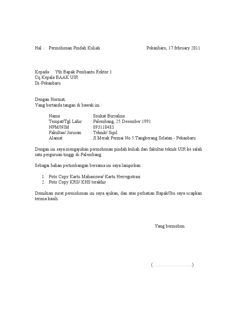 Contoh Surat Permohonan Pindah Jurusan - Aneka Macam Contoh