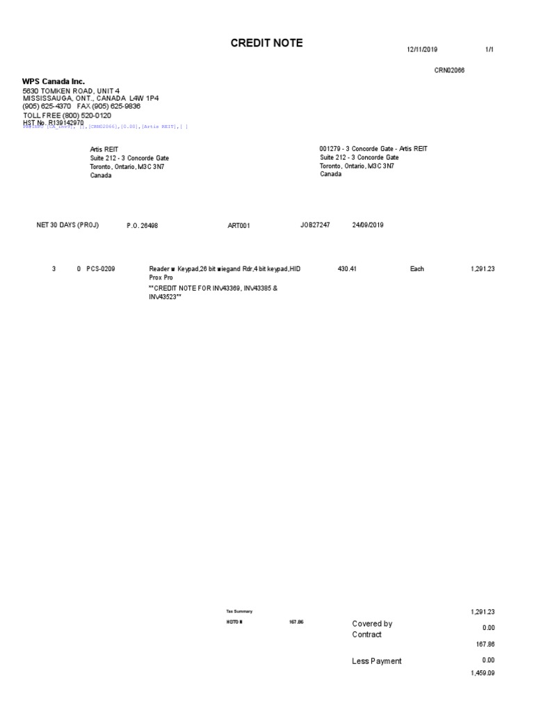 Credit Note: WPS Canada Inc | PDF | Payments | Government Finances
