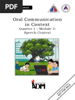 Oral Communication in Context: Quarter 1 - Module 5: Speech Context