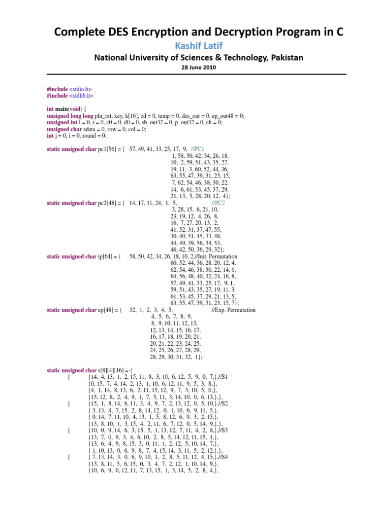 Complete DES Encryption and Decryption Program in C | PDF | Cipher ...