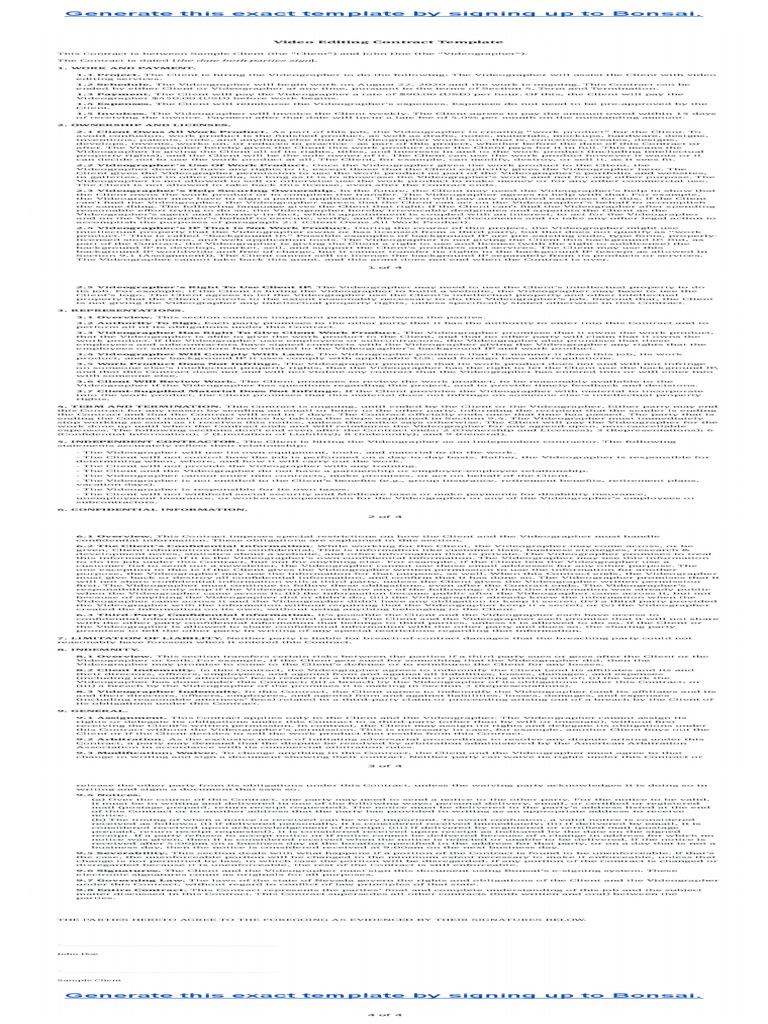 Video Editing Contract Template PDF