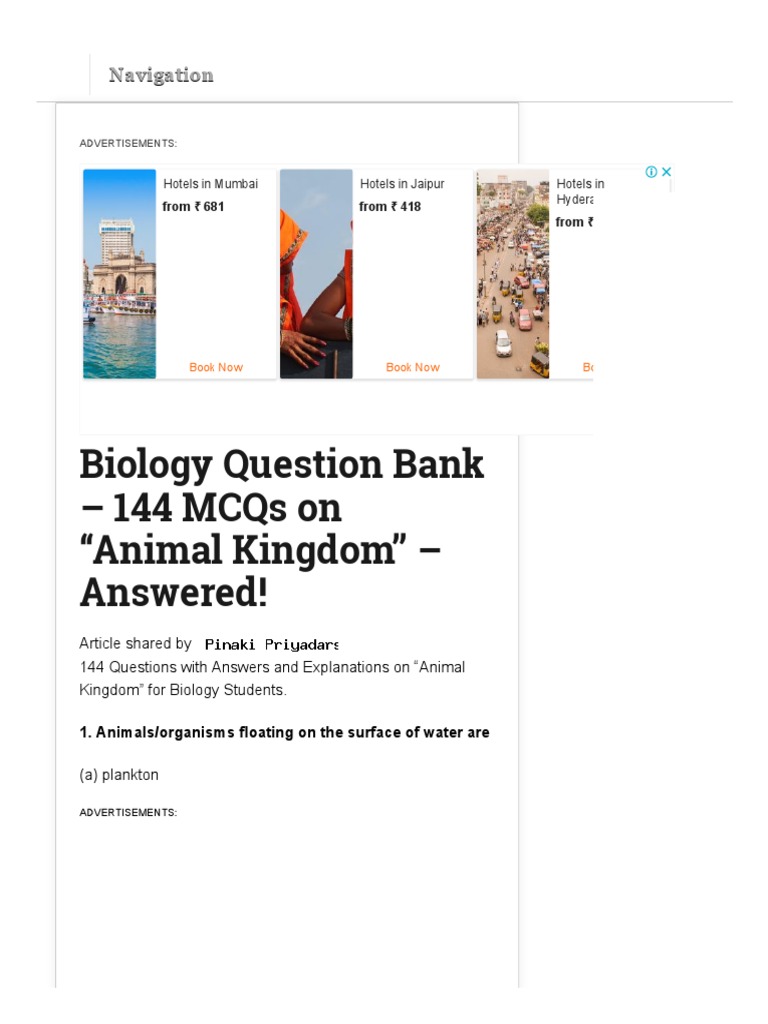 Biology Question Bank 144 Mcqs On "Animal Kingdom" Answered! PDF