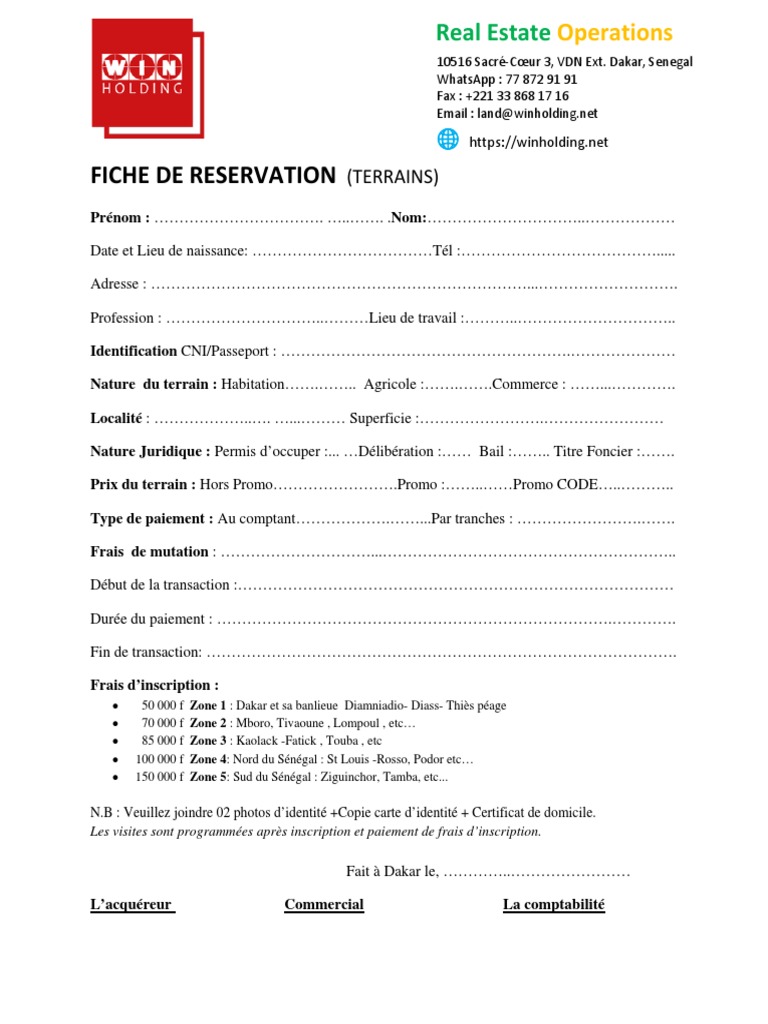 Fiche de Réservation de Terrain Sénégal | PDF | Droit | Maison et jardin