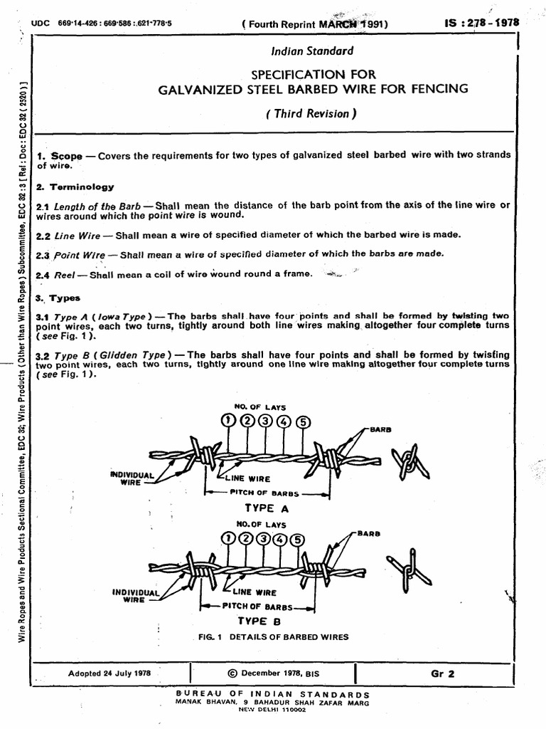 Indian Stondurd Specification For Galvanized Steel Barbed Wire For ...