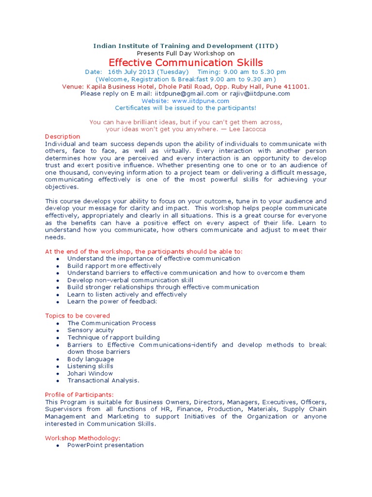 Effective Communication Skills Workshop | PDF | Neuro Linguistic ...