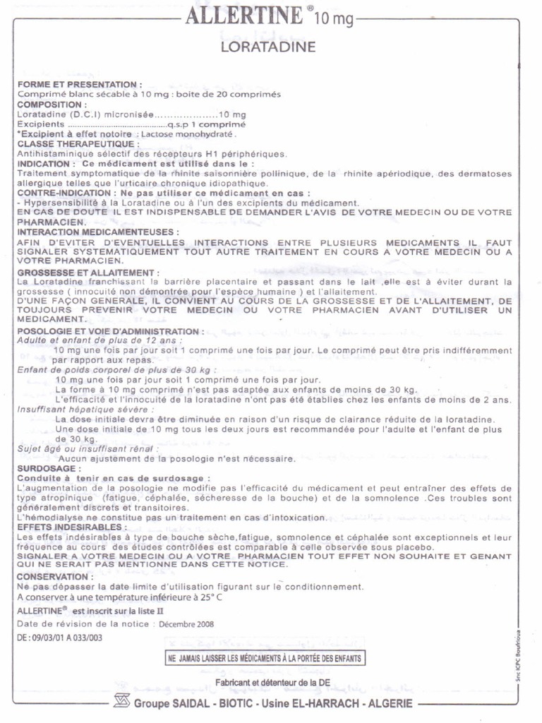 Notice Allertine 10mg Comp B Effet Indesirable Medicaments