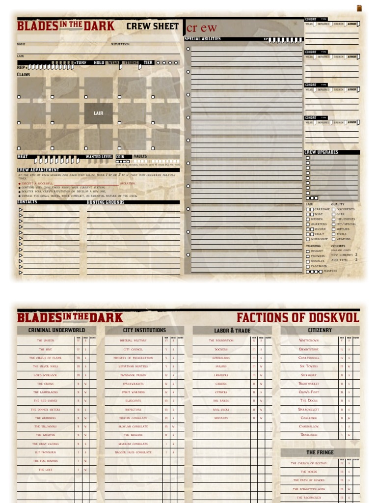Blades Dark Crew Sheet PDF Leisure Sports