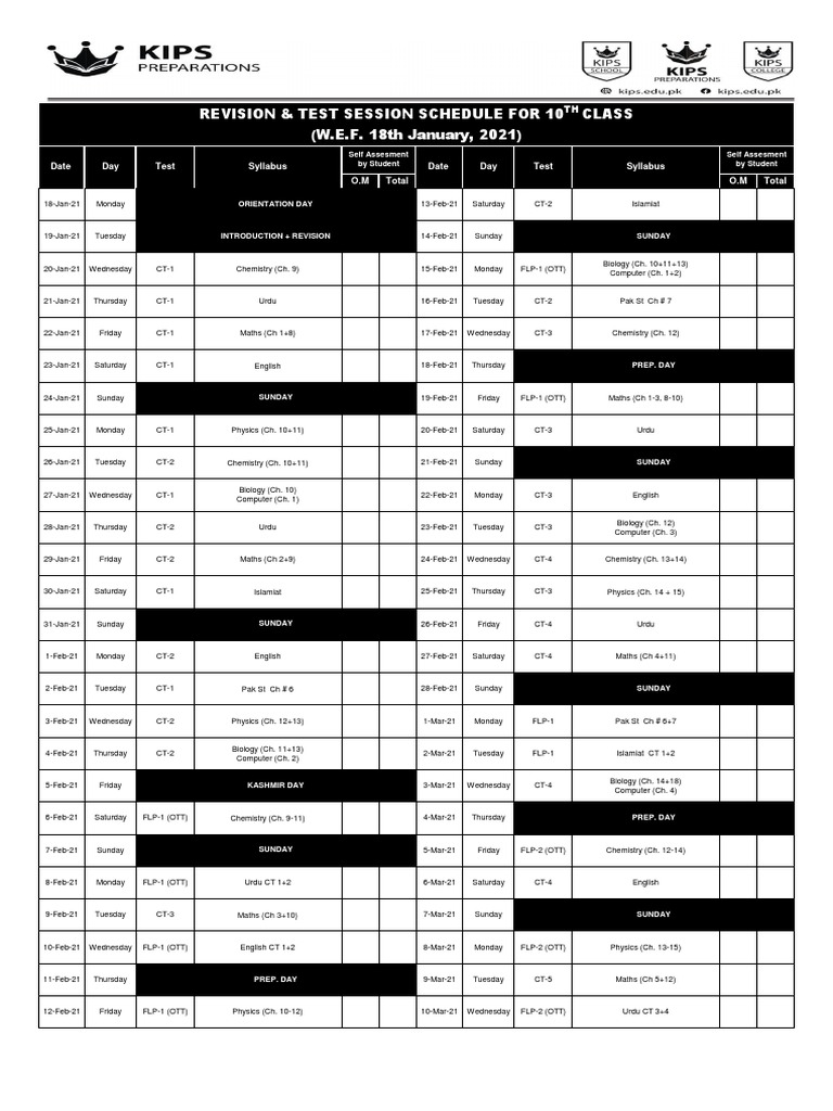 10th Class Test Session Schedule 2025 | PDF