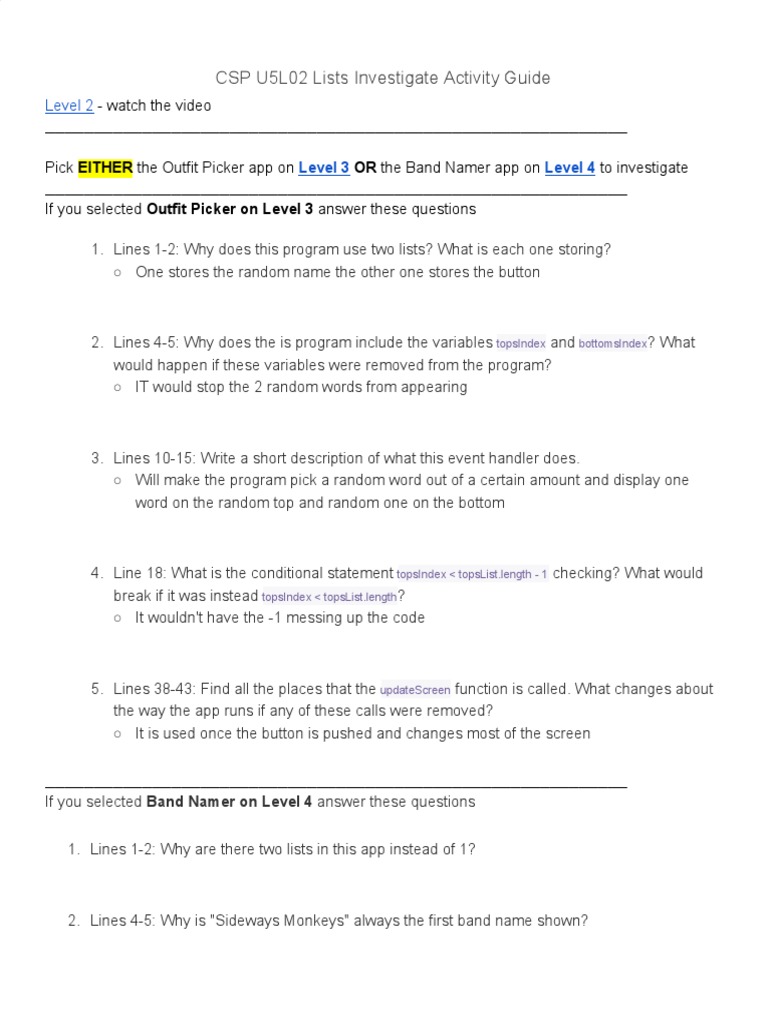 CSP Unit 5 Lesson 2 Activity Guide | PDF | Computing | Software