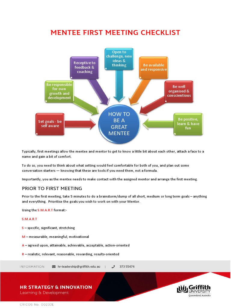 Mentee First Meeting Checklist Guide | PDF | Mentorship | Goal