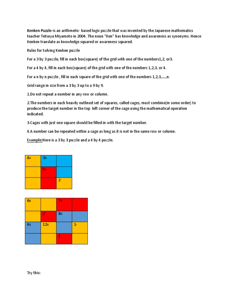 Kenkenページ Kenken Puzzle Rules and Examples | PDF | Home & Garden | Art