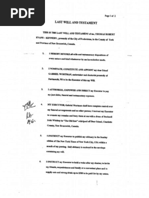 Last will and testament of Tom Robert Evans Kennedy