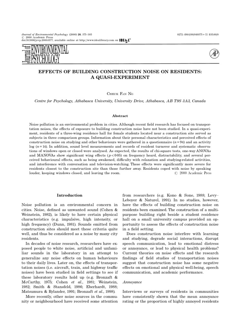 Effects of Building Construction Noise On Residents: A Quasi-Experiment ...