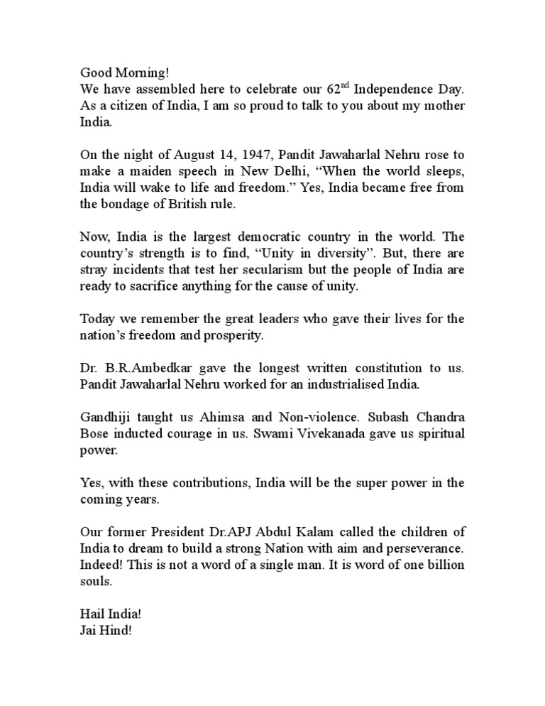 Independence Day Speech By Students Pdf Jawaharlal Nehru Politics Of India