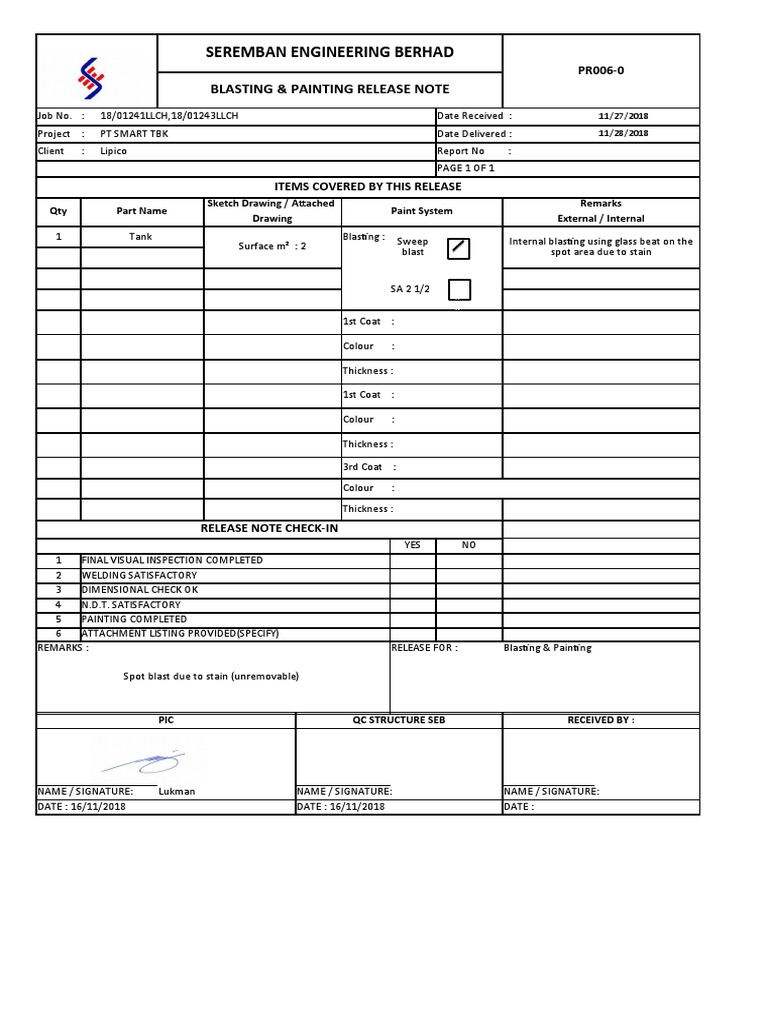Seremban Engineering Blasting Release Note | PDF | Business Process ...