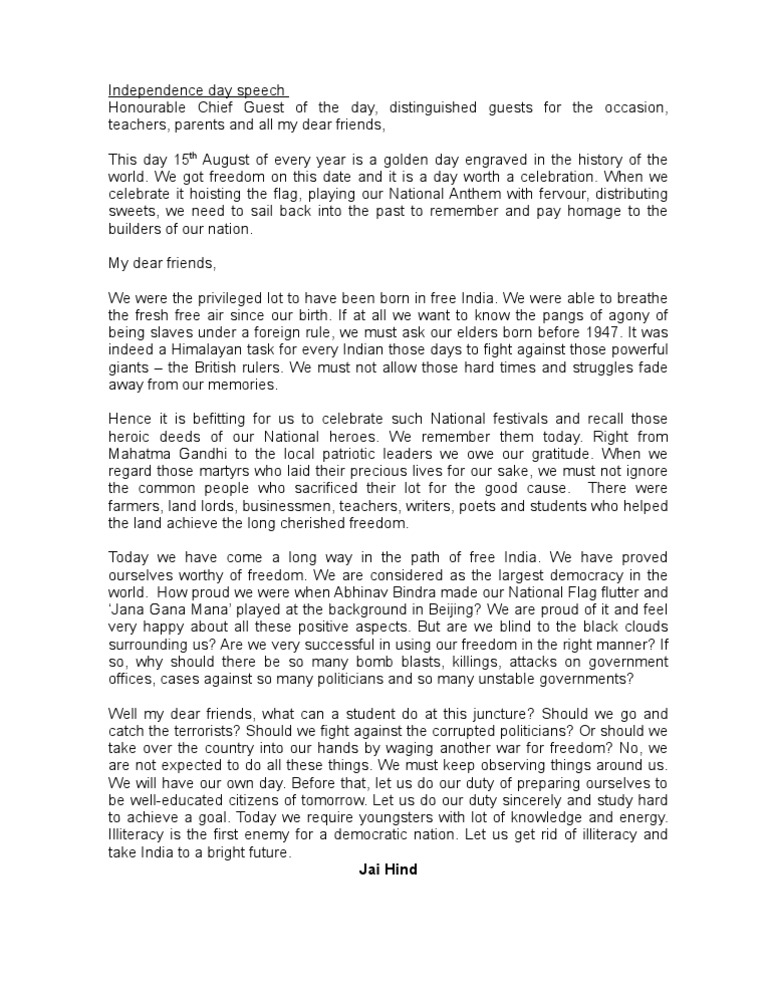 Independence Day Speech By School Students Pdf
