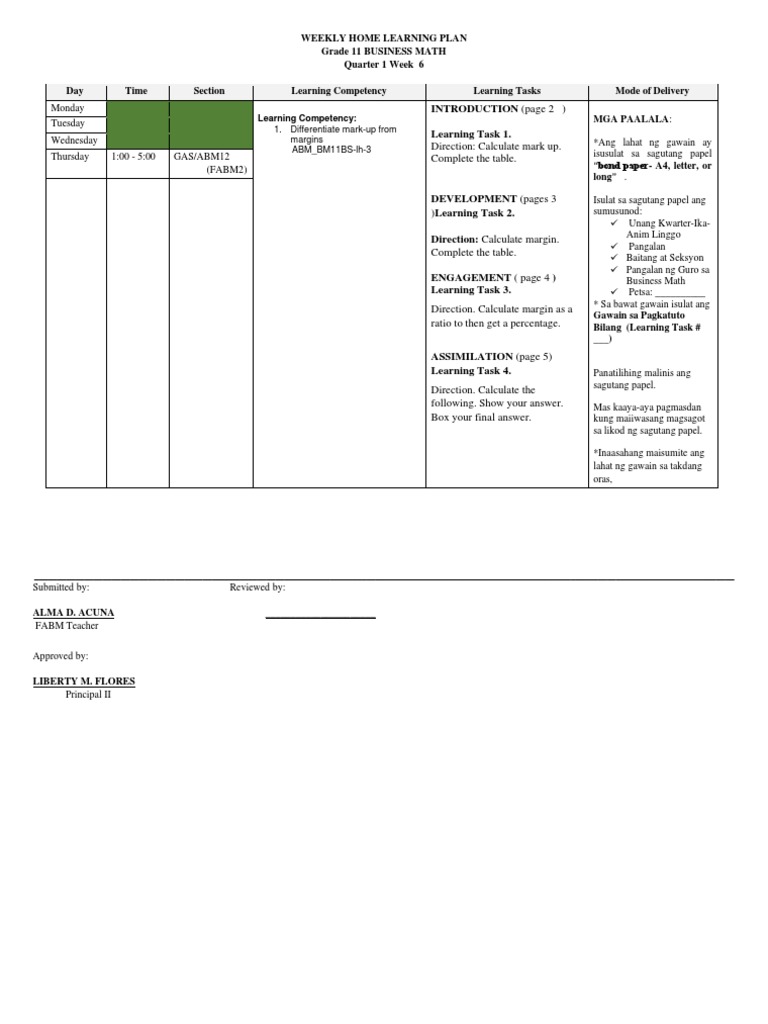 Weekly Home Learning Plan Grade 11 Business Math Quarter 1 Week 6 | PDF ...