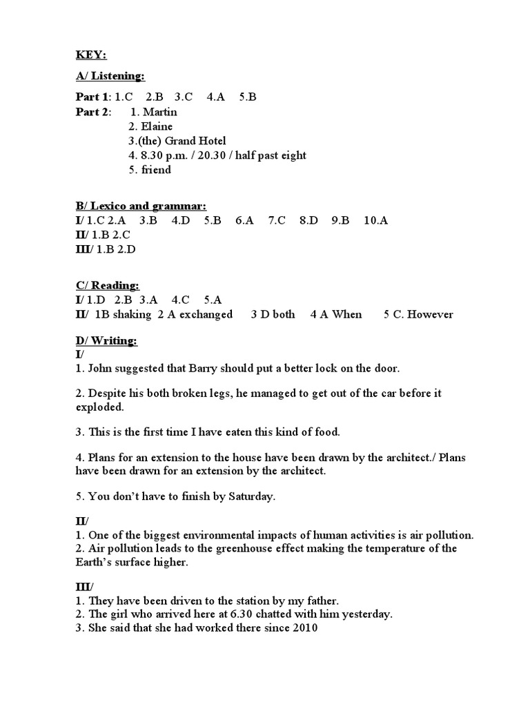 Exam Answer Key: Listening, Grammar, Reading, Writing | PDF