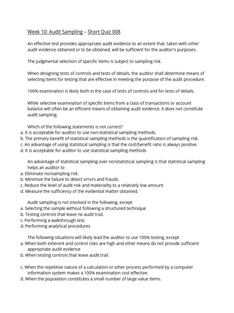 Audit Sampling Quiz: Key Concepts Explained | PDF | Audit | Sampling ...