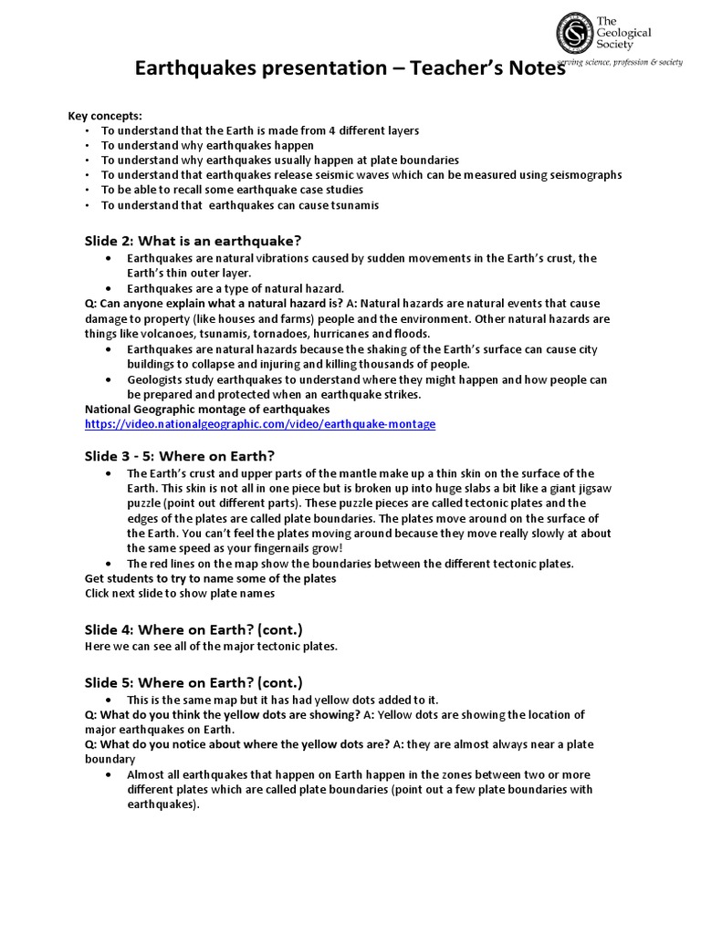 Earthquakes Presentation Teachers Notes Pdf Pdf