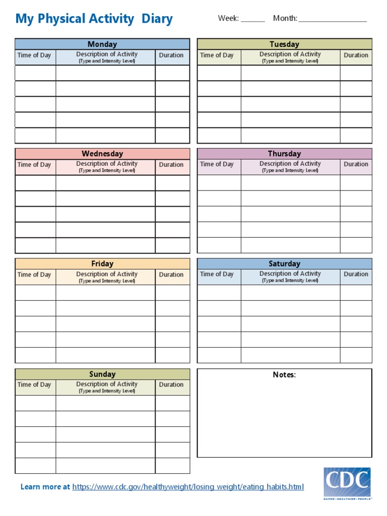 Physical Activity Diary CDC PDF PDF
