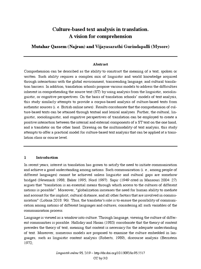 Culture-Based Text Analysis in Translation. A Vision For Comprehension ...