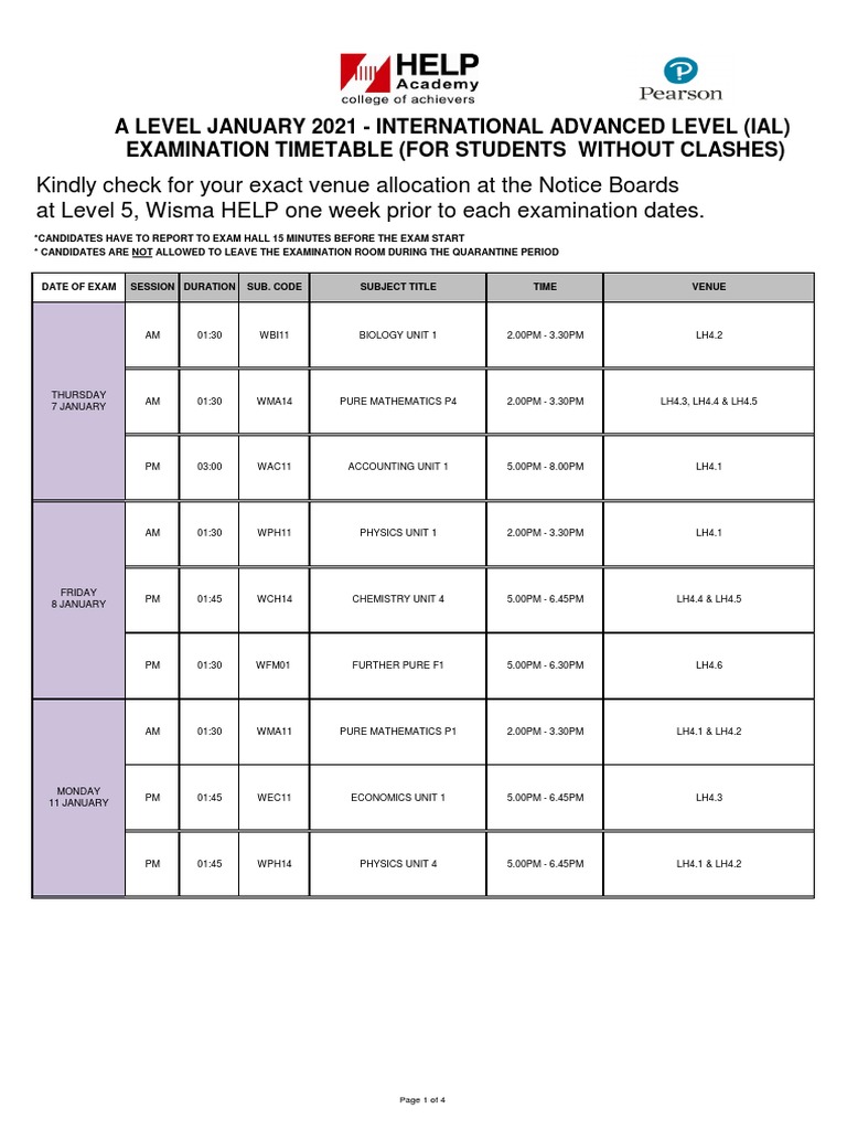 Without Clashes IAL TIMETABLE JAN 2021 PDF Gce Advanced Level