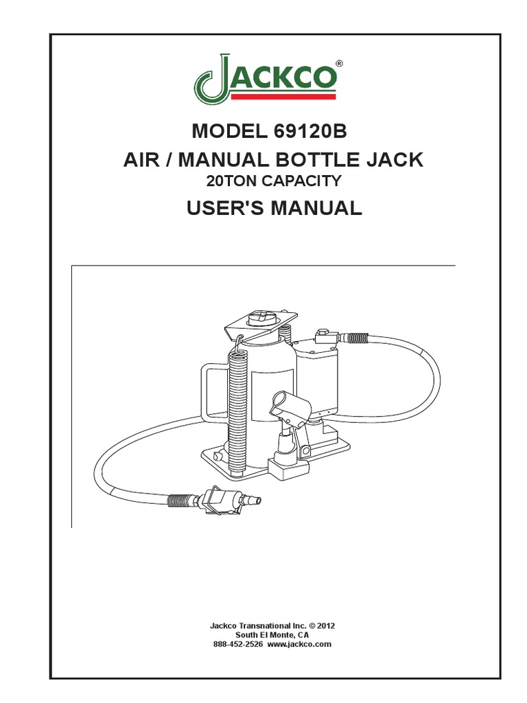 Air / Manual Bottle Jack User'S Manual MODEL 69120B: 20ton Capacity ...