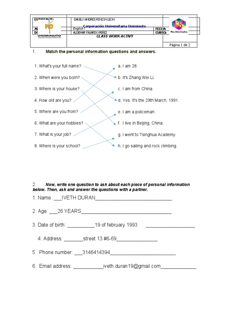 Match The Personal Information Questions and Answers.: Corporación ...
