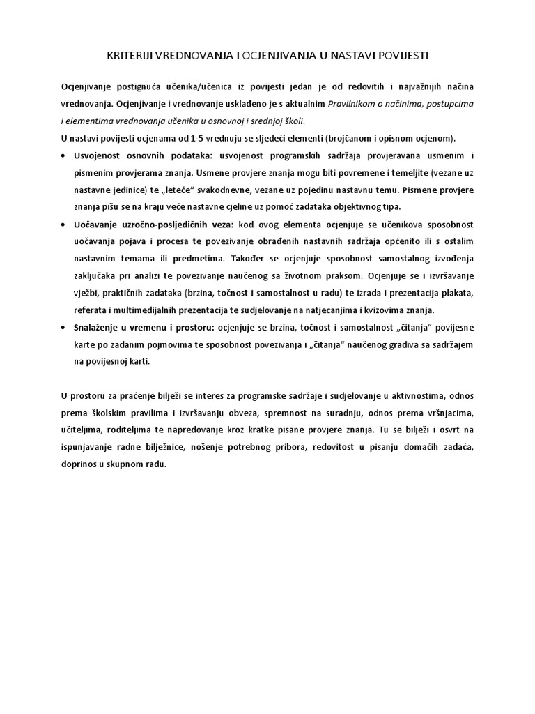 Povijest - Elementi Vrednovanja I Ocjenjivanja | PDF