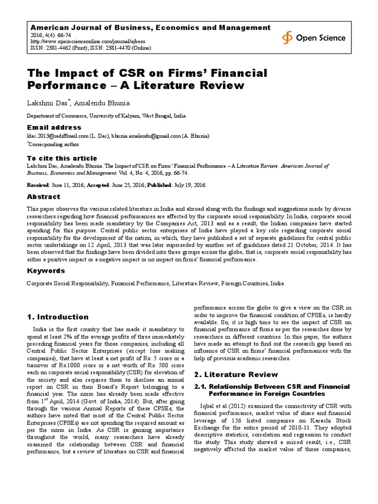 literature review on csr and financial performance