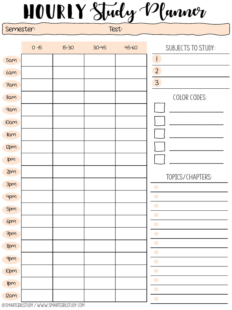 Hourly Study Planner Template | PDF