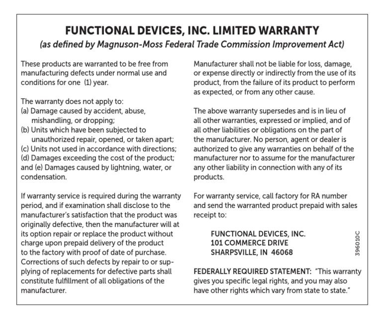 Functional Devices, Inc. Limited Warranty (As Defined by MagnusonMoss