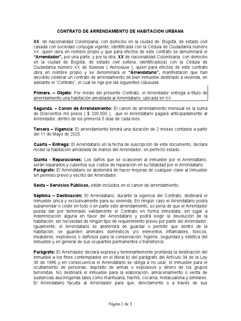 Contrato Arriendo Habitacion Colombia | PDF | Alquiler | Salario de emisión  de contrato