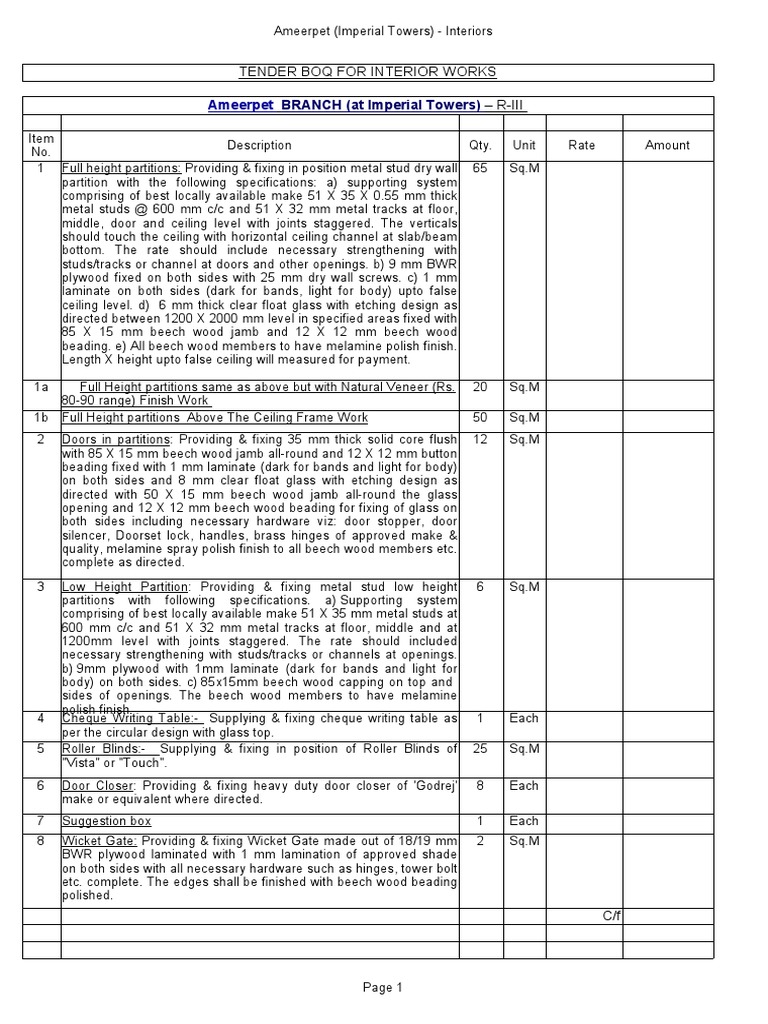 Ameerpet (Imperial Towers) Interior Works Tender Detailed Bill of
