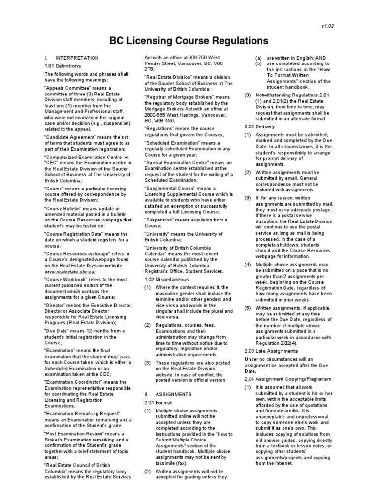 BC Licensing Course Regulations Summary | PDF | Mortgage Broker ...