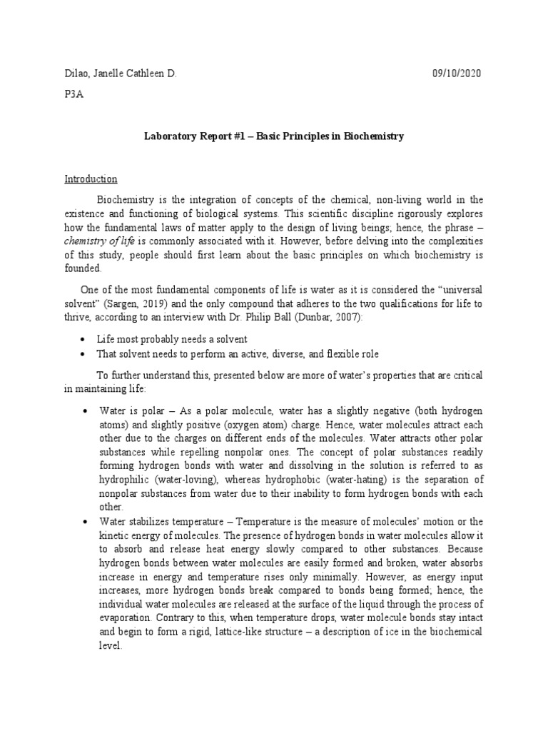 Laboratory Report 1 Basic Principles in Biochemistry PDF Solution Chemical Polarity