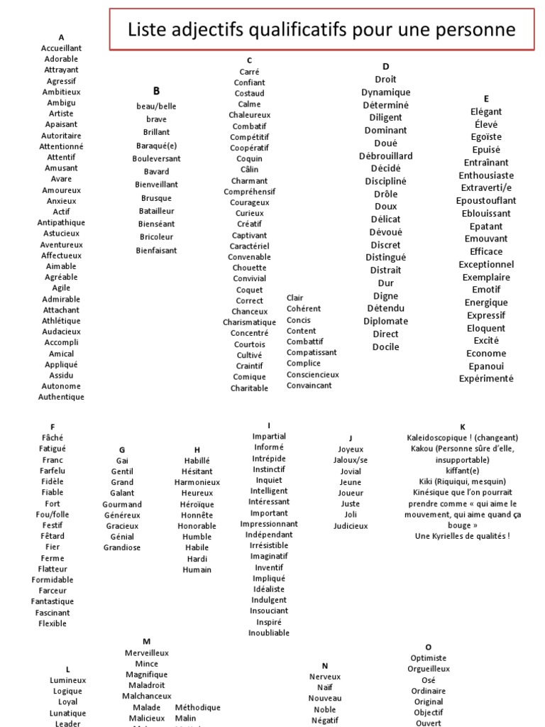 Liste Adjectifs Qualificatifs Pour Une Personne Pdf Romans