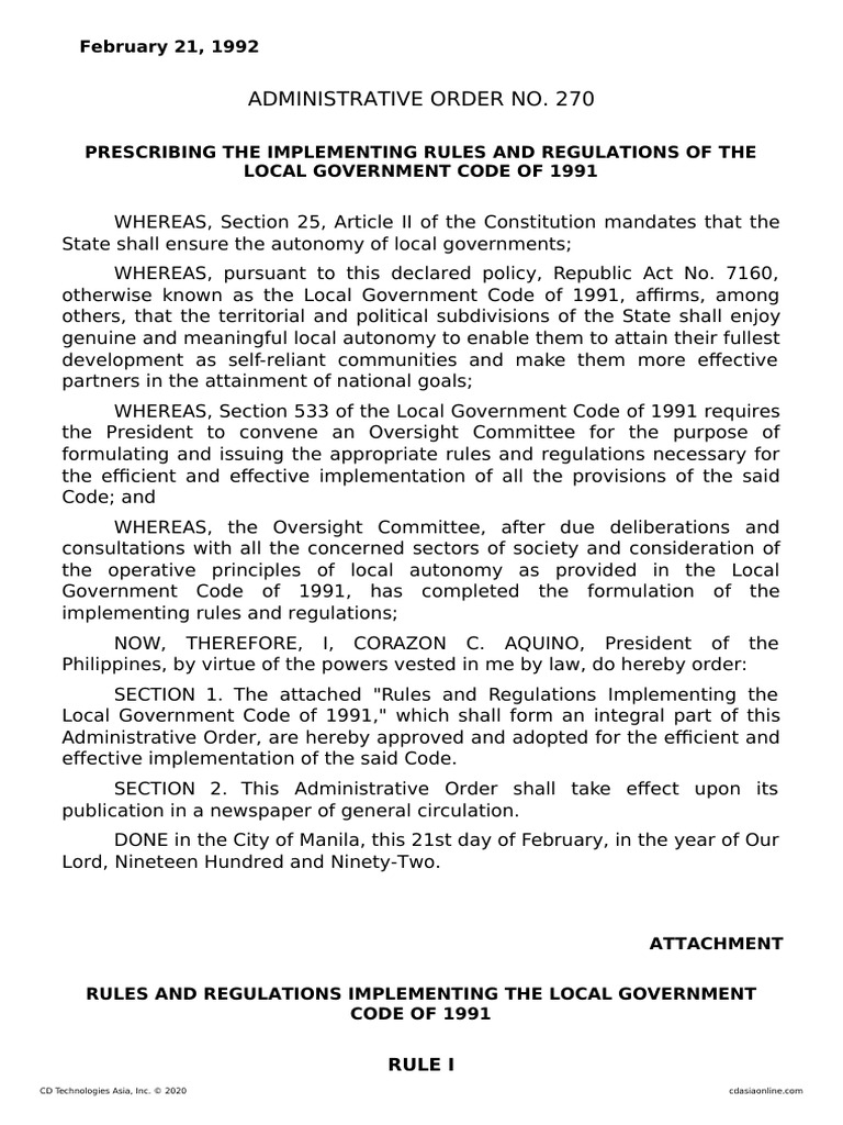 RA 7160 - IRR of The Local Government Code PDF | PDF | Local Government ...
